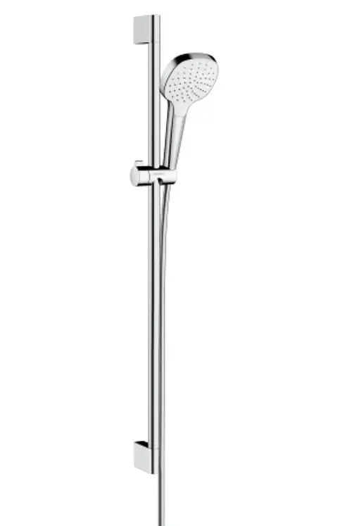 Hansgrohe Brauseset mit verchromter Brausestange und Handbrause, standardisiert in einem minimalistischen Design. Ideal für Badezimmerinstallation.